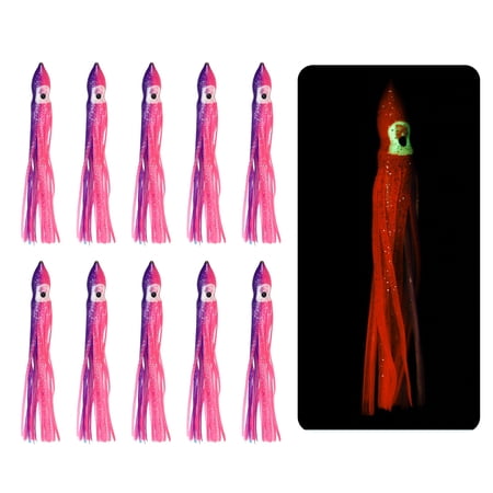 Fishing Squid Skirts Glow Soft Plastic Trolling Lures Luminous 5.9 x 0.6 Inch & 10 Pcs & Pink/Dark Purple -Fitting for (Bass/Trout)