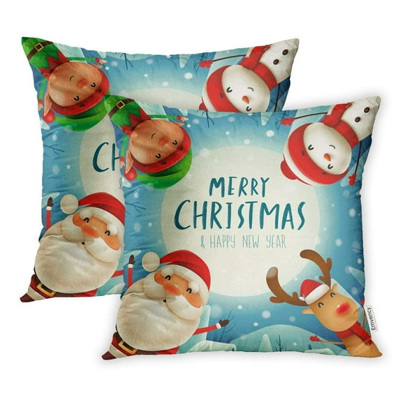EREHome Merry Christmas Happy Companions Santa Claus Snowman Reindeer Elf in Snow Pillowcase Cushion Cover 16x16 inch, Set of 2