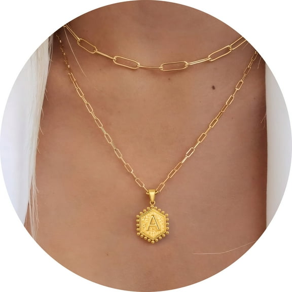 Murtoo layered initial necklace for women 18 inch hexagon letter pendant double chain jewelry A to Z
