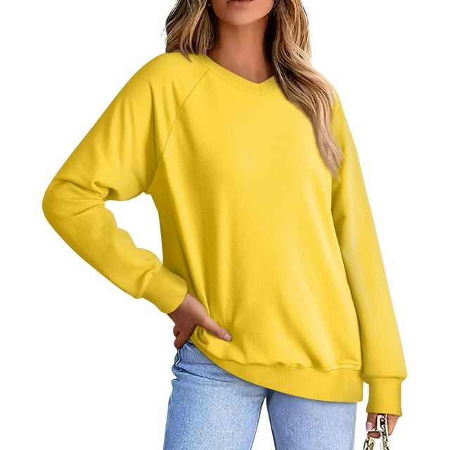 Plebaso Chandails en Molleton Décontractés à Manches Longues Col en V pour Femmes Pull Confortable Couleur Unie