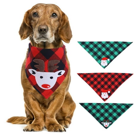 Christmas Plaid Dog Bandanas Pet Scarf Washable Kerchief with Santa Claus and Elk Patterns for Pet Costume Accessories