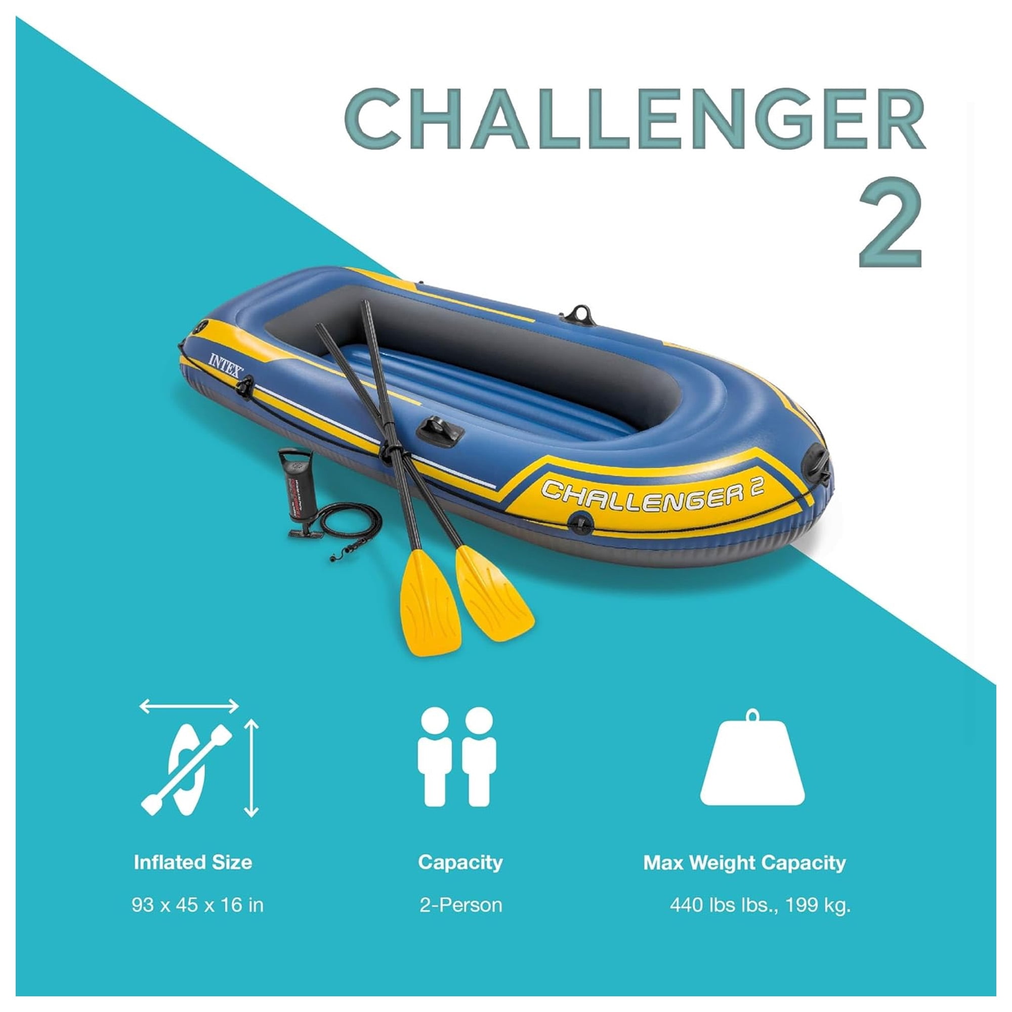 INTEX 66312EP Challenger 2 Inflatable Boat Set with 48" Oars, Pump, & Welded Oar Locks