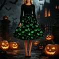 thumbnail image 4 of Iyufng Womens Halloween Glowing Pumpkin Long Sleeve Dresses with Black Sash Bow Flared Midi Dress Vintage Party Costume, 4 of 6