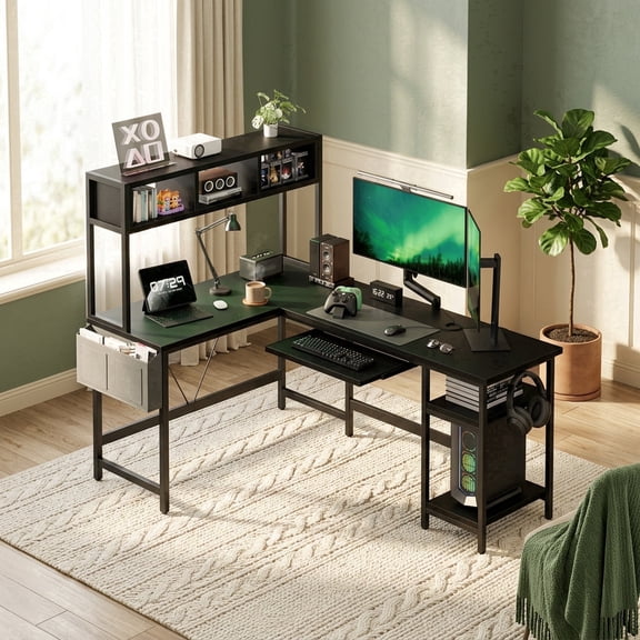 EDX 67'' L Shaped Computer Desk with LED Light, Reversible Table with Shelf & Storage Bag & Keyboard Tray for Home Office, Corner Desk, Black