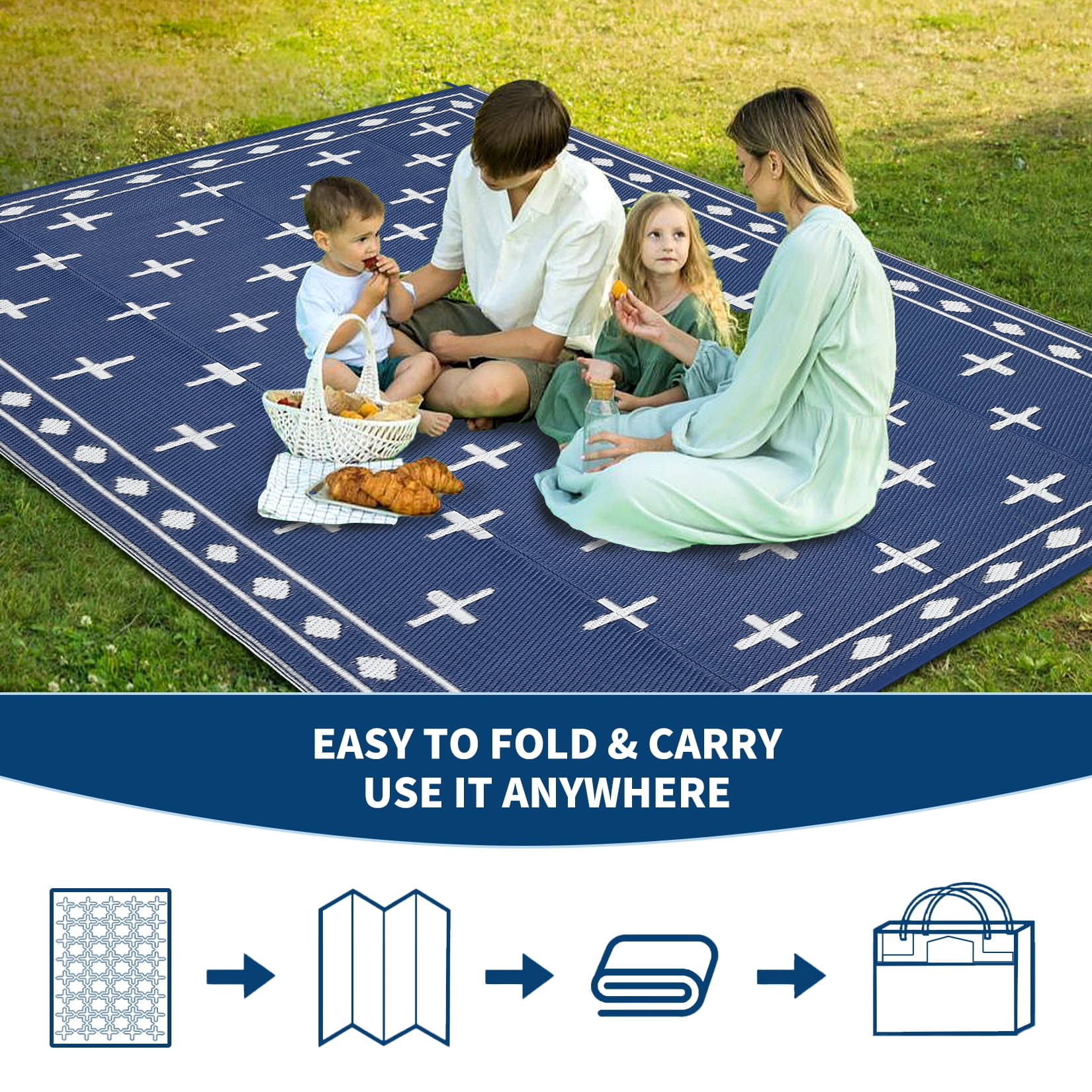 Garvee 8'x10' Waterproof Outdoor Rug Modern Bordered Reversible Outdoor Carpet, Plastic Straw Rug Portable RV Picnic Camping Mat for Garden Backyard Deck Balcony, Dark Blue