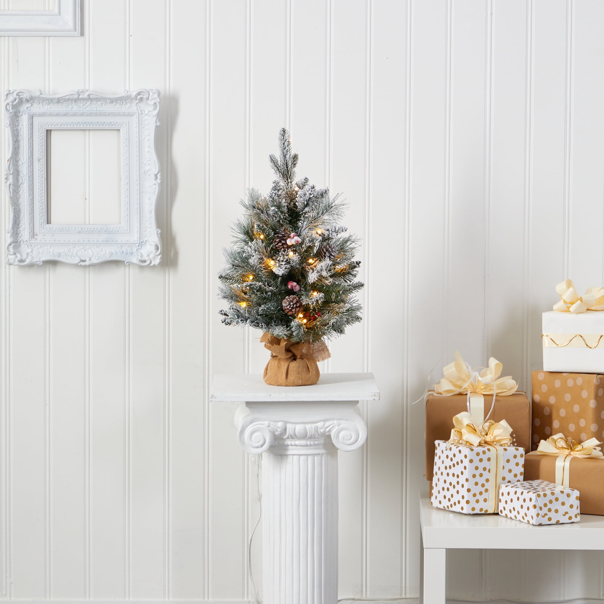 Nearly Natural 2' Flocked Artificial Christmas Tree with 30 Clear Lights