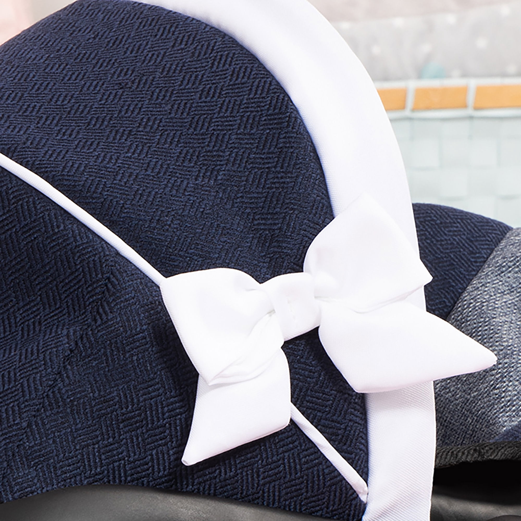 Bayer Design: Doll Deluxe Car Seat - Navy Blue & White - Portable Travel Carrier For Dolls Up To 18", Sunshade & Carry Handle, Use As Rocker, Kid 3+