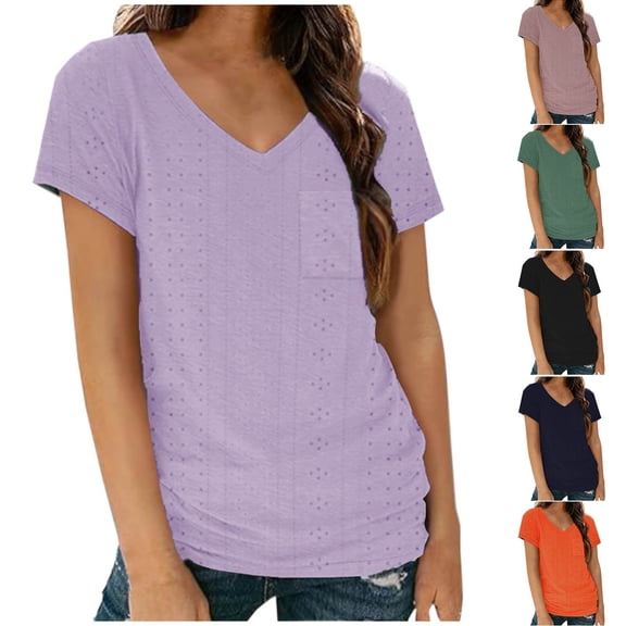 Olyvenn Short Sleeve Shirt for Women Eyelet Tops Summer V Neck Blouse 2025 Fashion Side Smocked Casual Blouses with Pocket Black 6