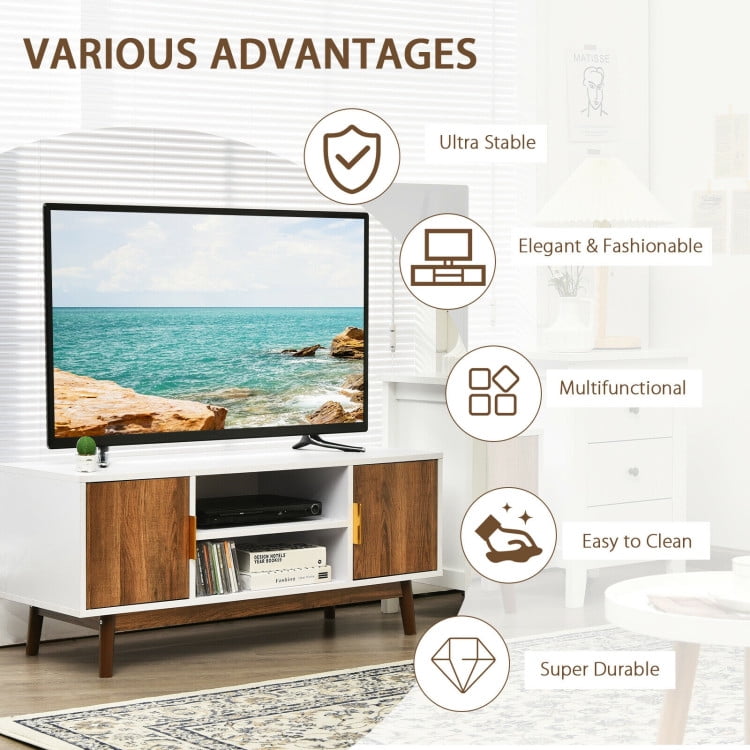 Finihen TV Stand, TV Cabinet, 2 Door TV Stand with 2 Cabinets and Open Shelves for TVs Up to 50 Inch TV, Media Entertainment Center with Storage, for Living Room, Bedroom, White & Rustic Oak
