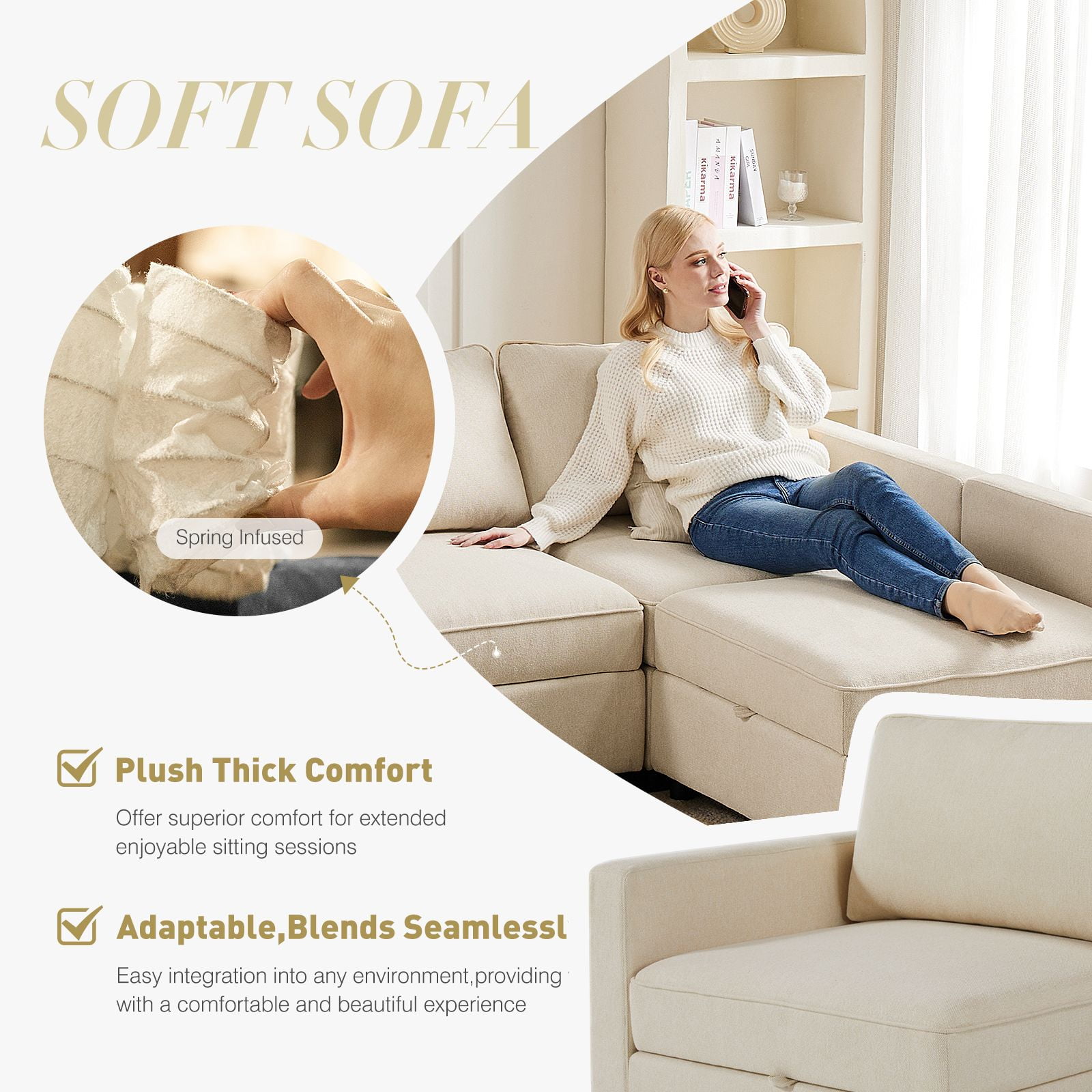 GIANNA 1-Seat Convertible Sectional Sofa Couch with Storage, Modern Sleeper Sofa with Extra Deep Seat Cushions, Soft Fabric, Compact Design for Small Spaces, Beige