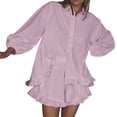 thumbnail image 2 of Women 2 Piece Outfits Long Sleeve Button Down Blouse and Shorts Sets Pink S, 2 of 9