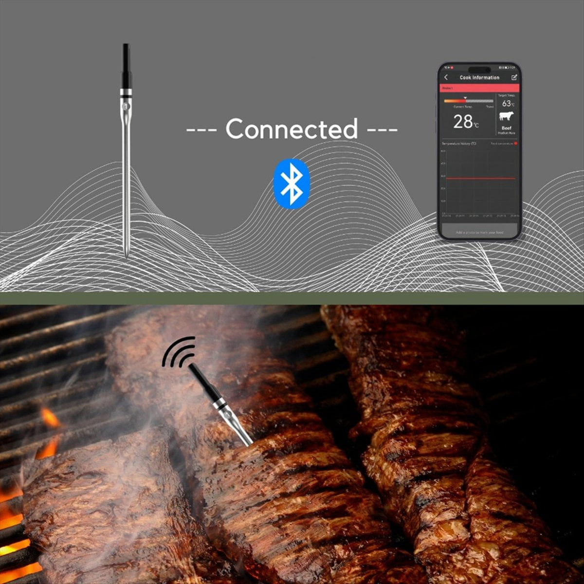 Wireless Food Meat Thermometer Smart Digital Bluetooth BBQ Thermometer for Kitchen Cooking Oven Gril Photo Color Stainless Steel