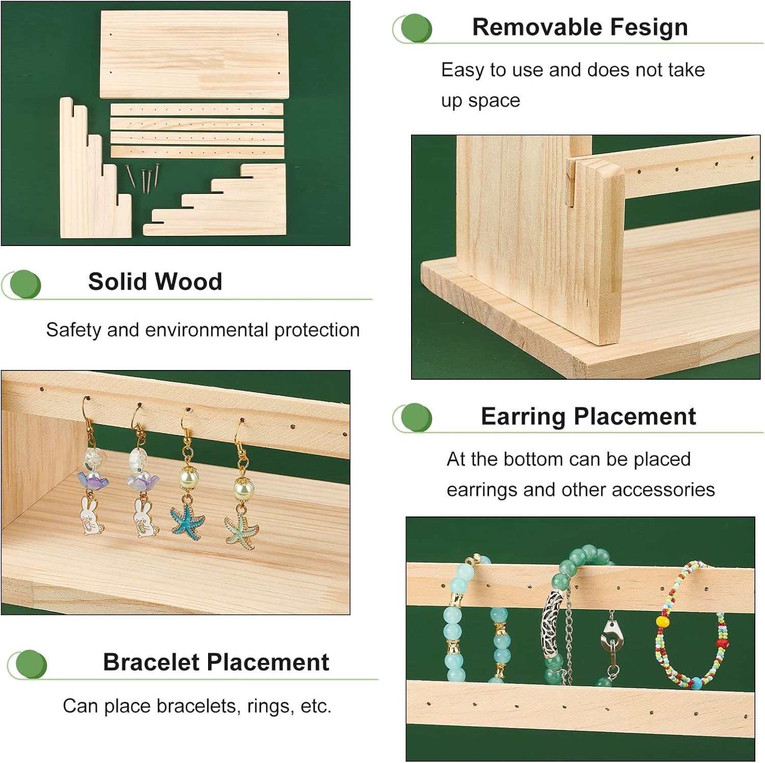 PH 4 Tier Jewelry Display Stand 48 Holes Wood Earring Holder Ear Stud Display Rack Dangle Earring Organizer Jewelry Hanging Holder Stand for Woman Earring Ear Stud Necklace Bracelets for DIY