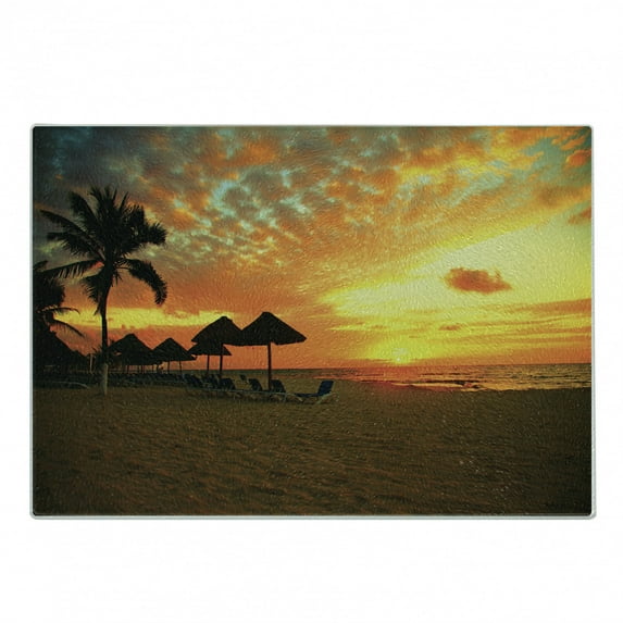 Seaside Cutting Board, Sunset Scene at Beach Resort Silhouette Romantic Honeymoon Vacation Photo Print, Decorative Tempered Glass Cutting and Serving Board, Small Size, Orange Yellow, by Ambesonne