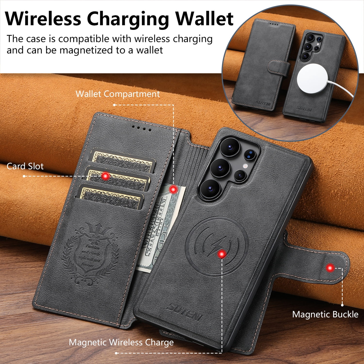 for Samsung Galaxy S24 Ultra Detachable Wallet Case, PU Leather Magnetic Cover Support Wireless Charging & Magnetic Car Mount, Card Slots Holder, Flip Stand, Folio Protective Phone Shell, Black
