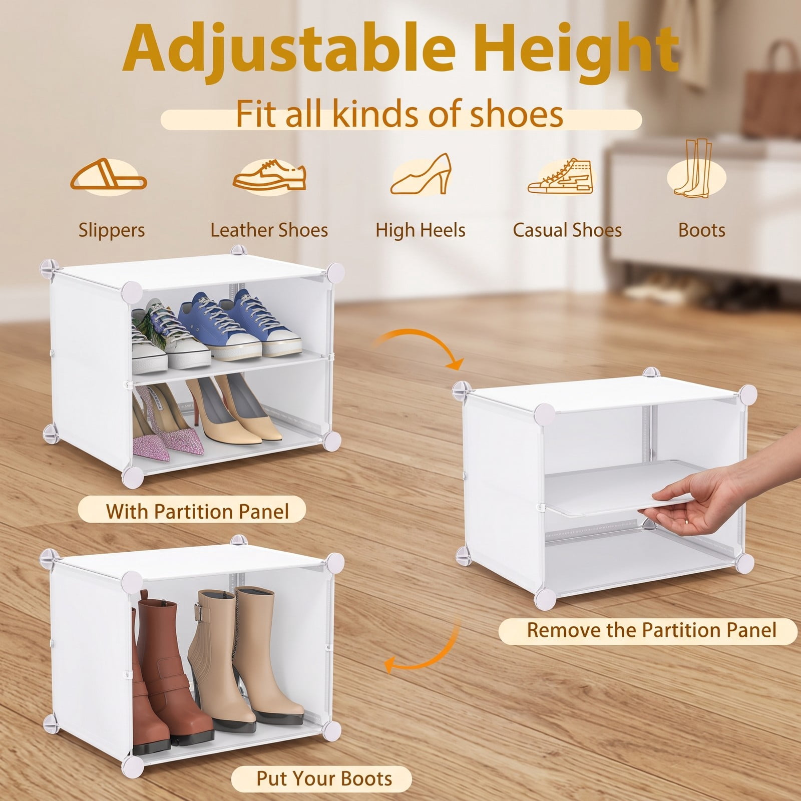 Furnibear 12-Cube Portable Shoe Storage Cabinet with Translucent Doors and 5 Hanging Hooks for Entryway Hallway and Bedroom, White