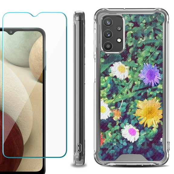 Shockproof Bumper Phone Case for Samsung Galaxy A32 5G, with Tempered Glass Screen Protector, by OneToughShield ® - Daisy Paint