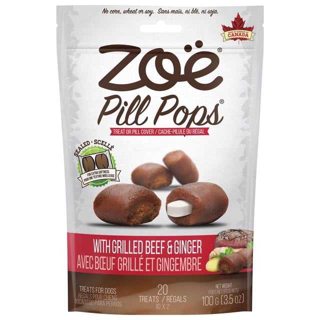 Zoë Pill Pops grilled beef with ginger soft and chewy dog treats in a resealable pouch made in Canada, designed as pill covers or treats to help dogs accept medication easily, containing 20 treats weighing 100 g, free from corn, wheat, and soy.