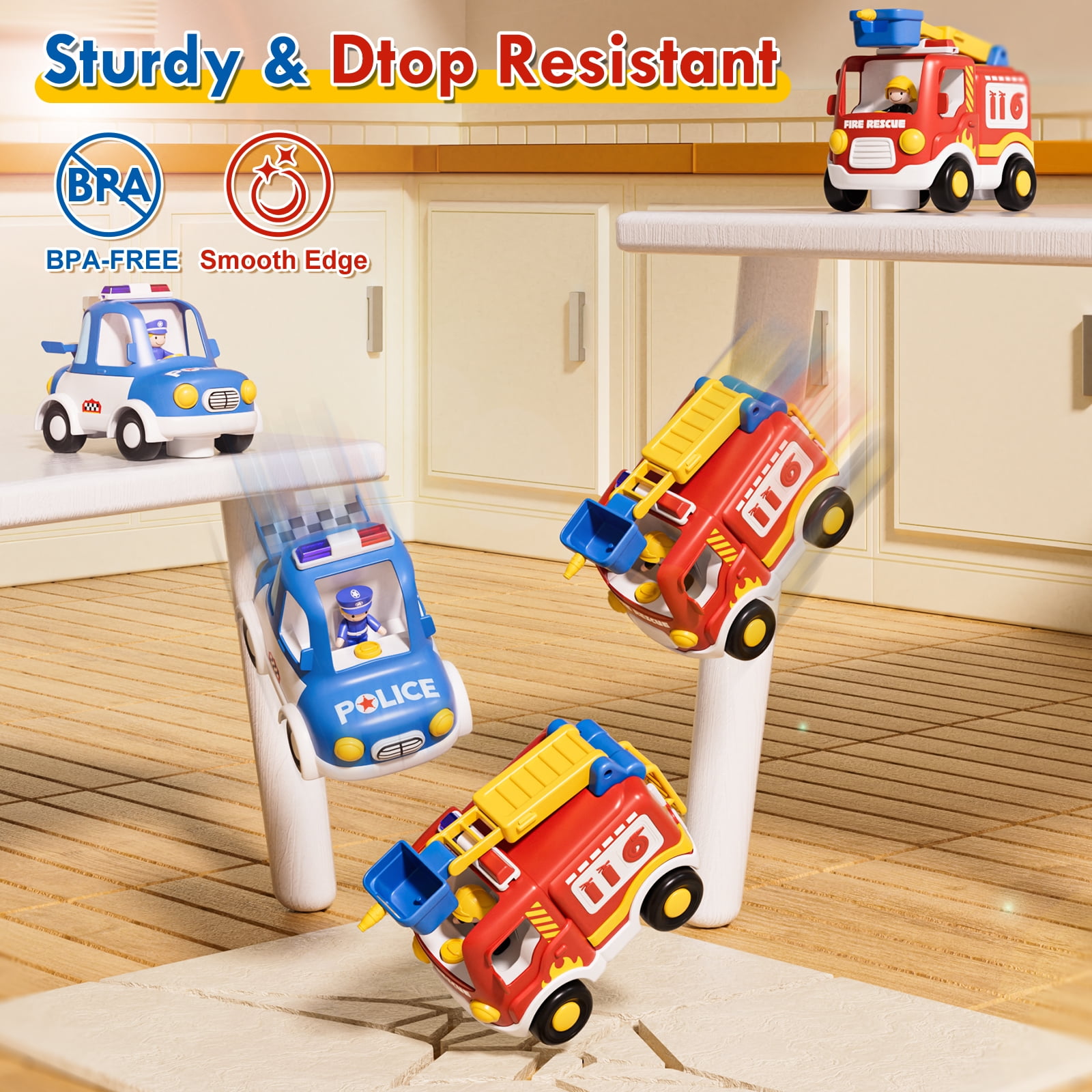 Toys for 2 Year Old Boys Toys, 2 Rechargeable Remote Control Car for Toddler, Kids Toys Age 2 3 4 5, Police Car and Fire Car with LED Lights & Music, Gifts for Toddler Boys 18+ Months