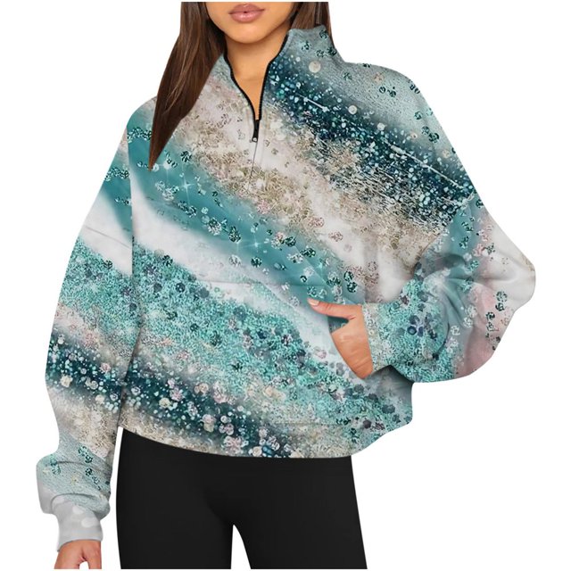 JUNWELL Sweat à Capuche Zippé pour Femmes, Sweatshirts Décontractés Sans Capuche, Mode à Manches Longues, Chemise à Col à Demi-Fermeture Éclair Imprimée en Solde