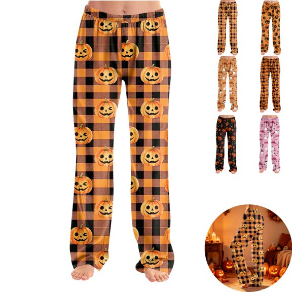 Clossjun Halloween Pajama Pants for Women Pumpkin Bat Ghost Print Pajamas Casual Cozy Elastic Waist Palazzo Pjs Bottoms M