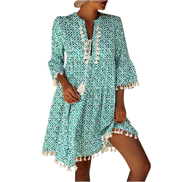 Ketyyh-chn99 Robes pour Femmes Été Robe Évasée à Fleurs Manches à Volants à Étages Robe Trapèze Courte Vert,2TG