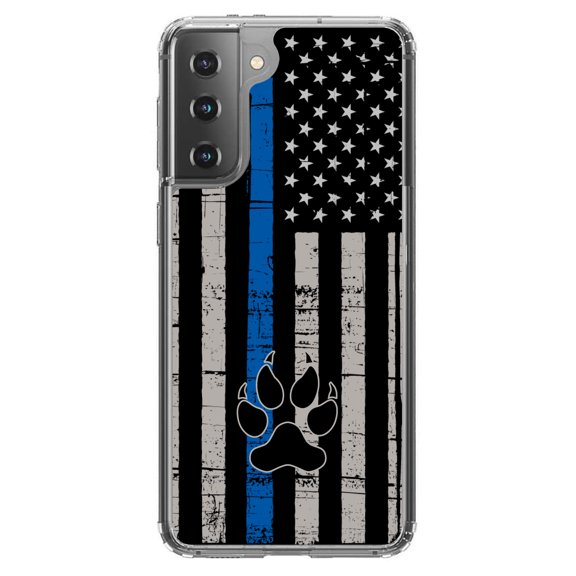 DistinctInk Clear Shockproof Hybrid Case for Galaxy S21 5G (6.2" Screen) - TPU Bumper, Acrylic Back, Tempered Glass Screen Protector - Thin Blue Line US Flag K9 Dog Paw - First Responders