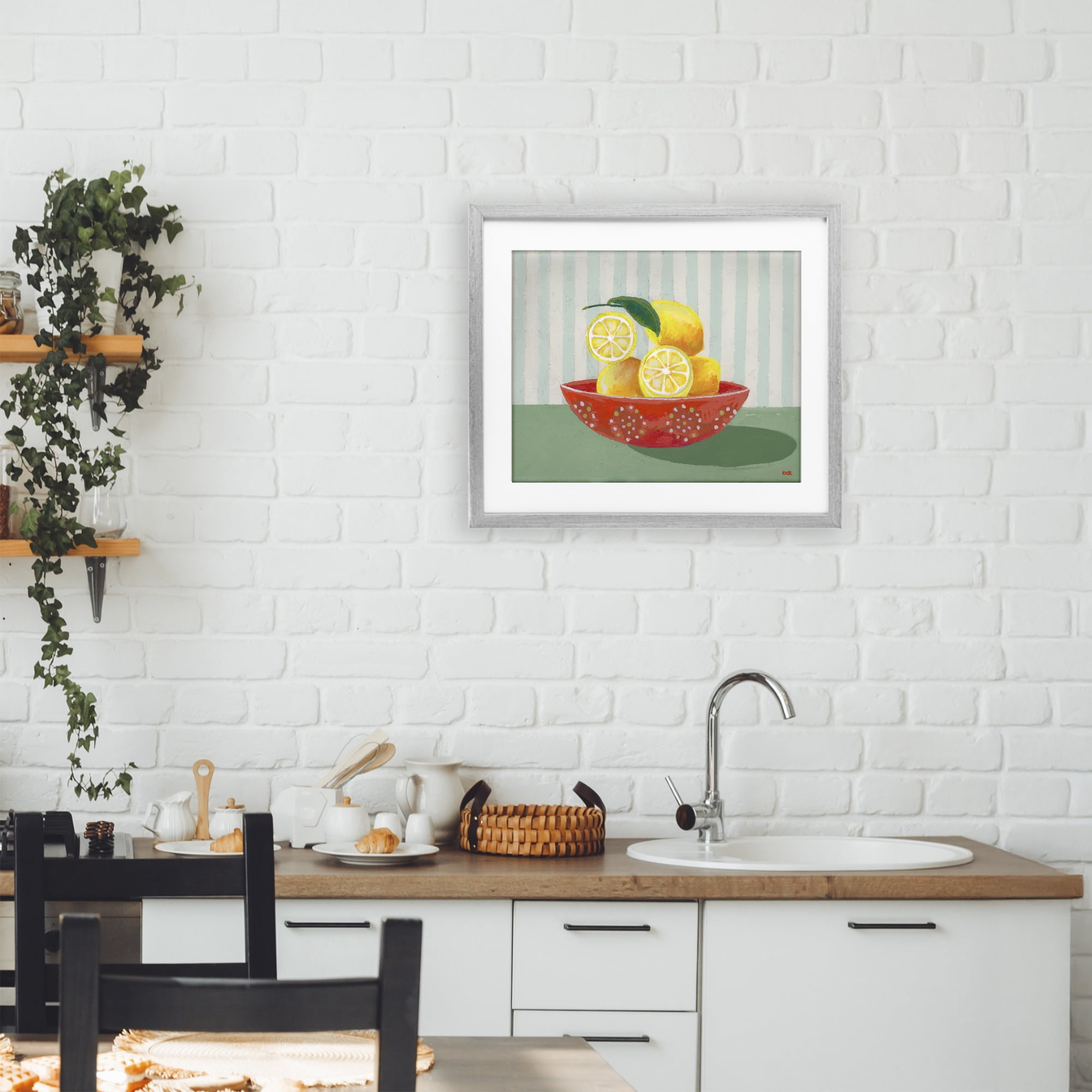 Stupell Industries Sunny Lemons in Red Bowl Gray Framed Print Under Glass, design by Rachael Reese