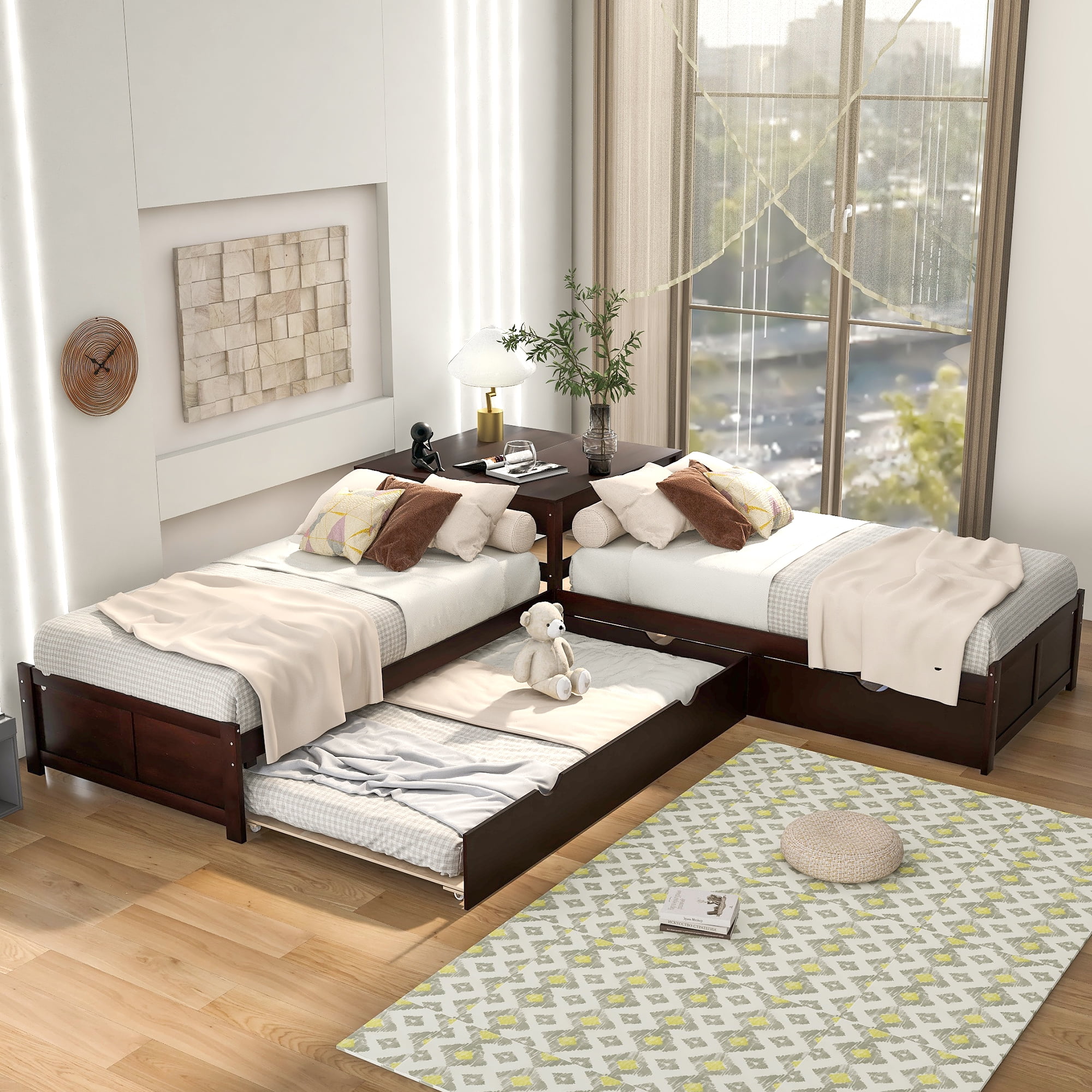 Twin Size Lshaped Platform Bed with Two Trundles and Builtin Square