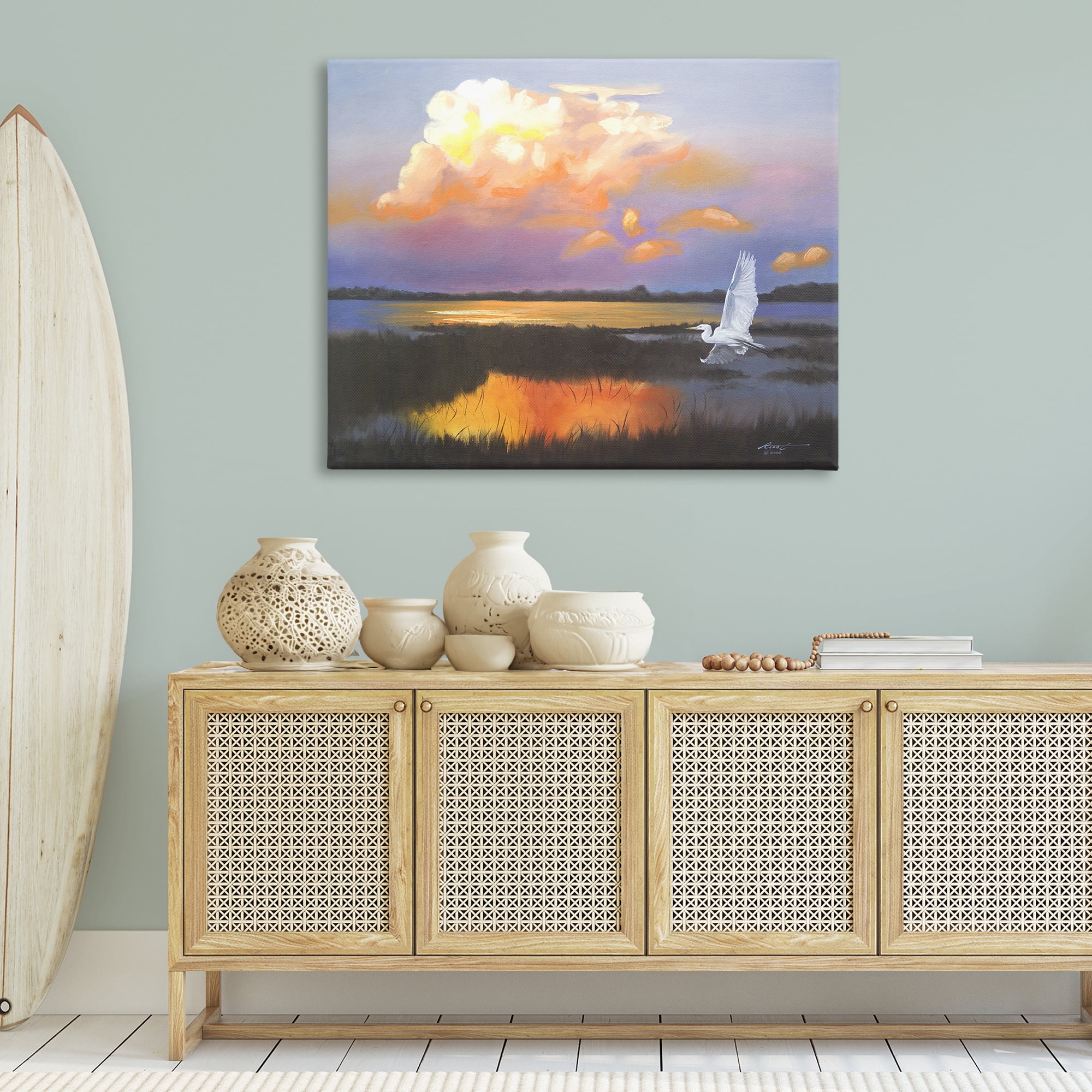 Stupell Industries Egret Over Cloudy Reflection Landscape Painting Gallery Wrapped Canvas Art Print Wall Art, 48 x 36