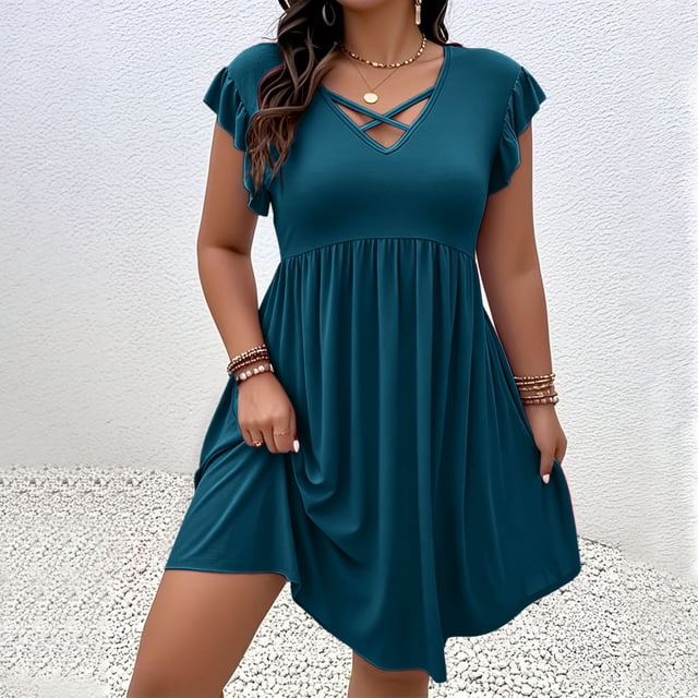 XiYing Robes pour Femmes, Robe Élégante pour Femmes Grande Taille à Col en V, Manches à Volants, Longueur Genou, avec Design Amincissant à la Taille pour Occasions de Printemps-Été, Coupe Douce et Fluide (Taille Us 14W-26W,