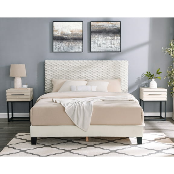 3 Bedroom For Queen: 3d Upholstery & Nightstands Contemporary Queen Furniture With Upholstered Headboard Nightstand Duo