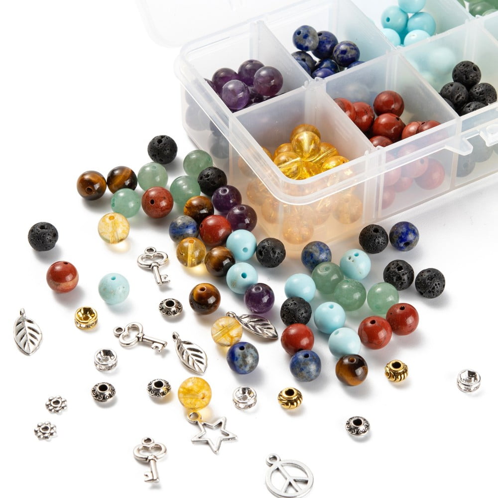 280Pcs 8 Styles 8mm Gemstone Beads Healing Stone Kits with Alloy Star Peace Sign Key Charms Spacer Beads for DIY Gemstone Bracelets Making diy