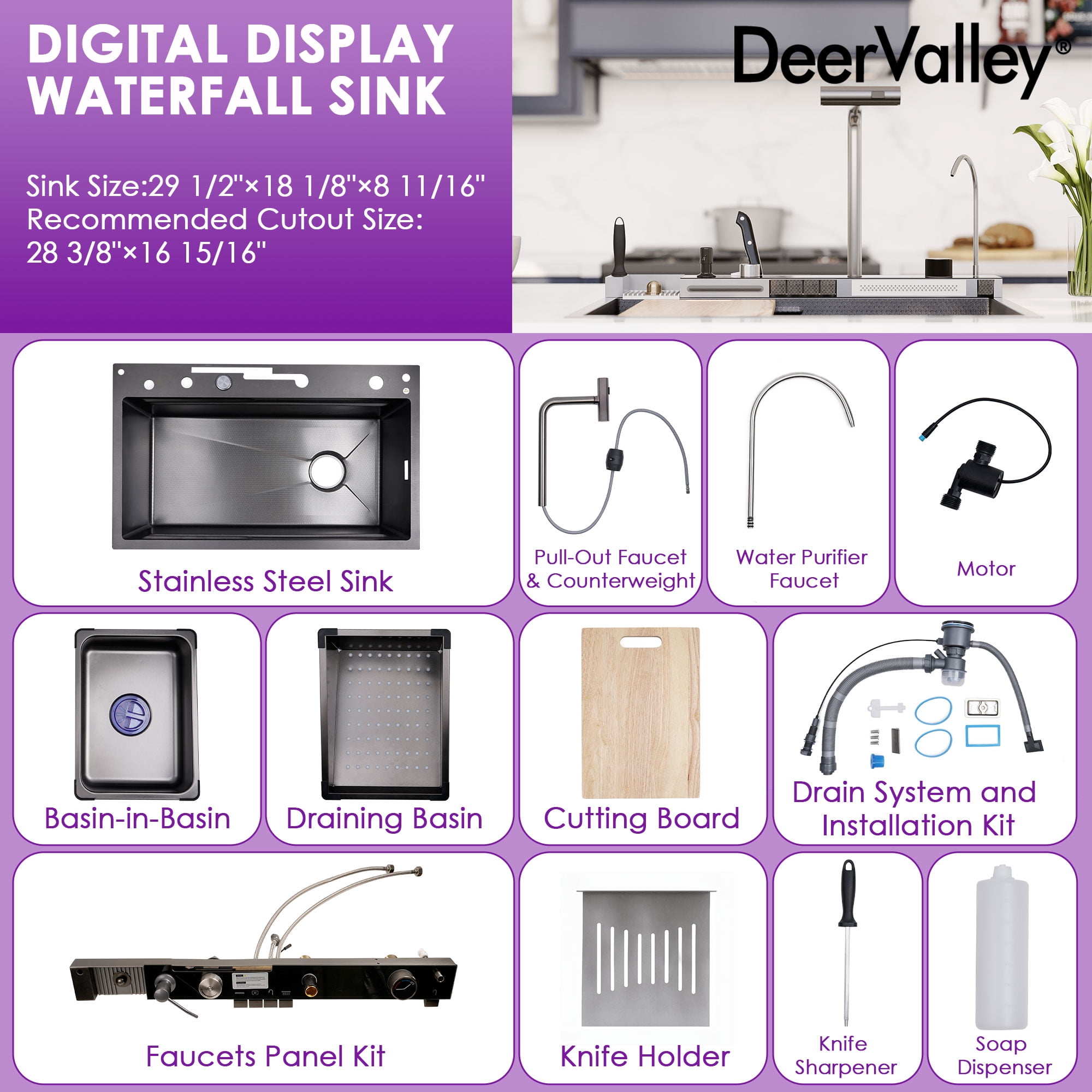 Deervalley 29.5" X 18" Smart Waterfall Kitchen Sink, Drop In Stainless Steel Digital Display Workstation Sink DV-1K0348