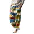 thumbnail image 1 of Yellow Dress Pants For Men, Linen Cargo Pants Men, Men's Summer Beach Drawstring Elastic Waist Pattern Color Block Geometric Pattern Breathable Soft Holiday Fashion Micro Elastic Pants, 1 of 4