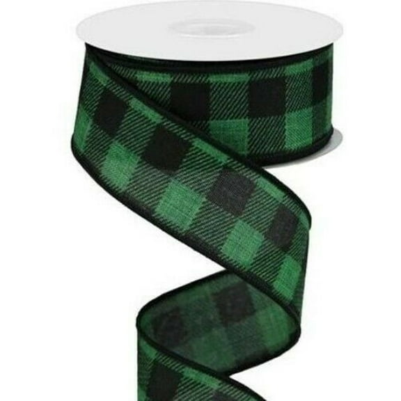 Green Black Buffalo Flannel Plaid 2.5 inches Wide Wired Ribbon 33 Yards