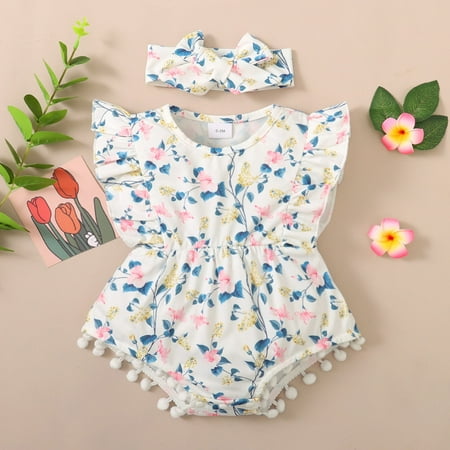 

Girls Jumpsuits Romper Toddler Kids Fly Sleeves Floral Lace Romper Jumpsuit Hairband Set Cloths