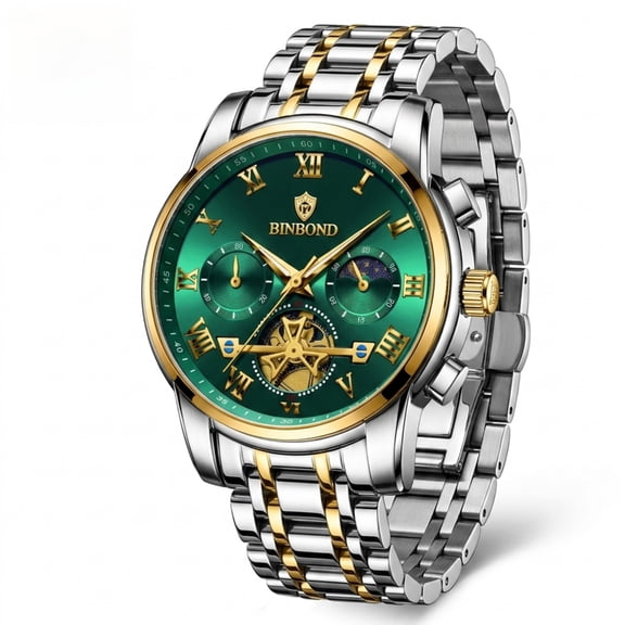 Mens Watches Chronograph Business Dress Quartz Stainless Steel Waterproof Luminous Date Wrist Watch For Men Green Dial
