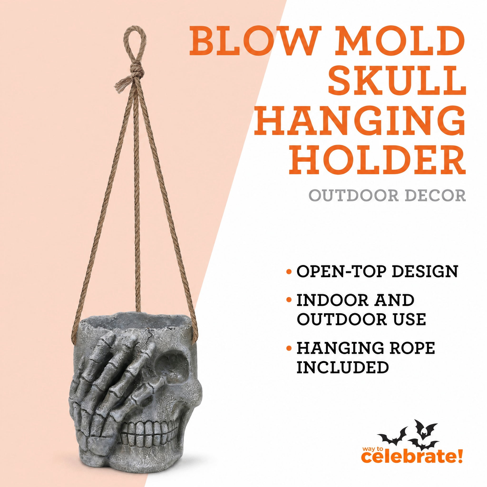 Blow Mold Skull Hanging Holder, Gray, Halloween by Way To Celebrate