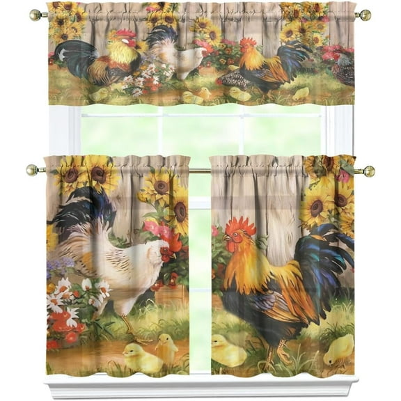 3 Piece Chicken Kitchen Curtains and Valances Set for Windows Rooster Kitchen Window Curtains Over Sink Decor 27.5x36 in