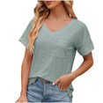 thumbnail image 3 of Mesh Hole Blouses Short Sleeve V Neck Tops for Women Casual Shirts with Pocket Slim Fit Solid Trendy Tees Green,XL, 3 of 4