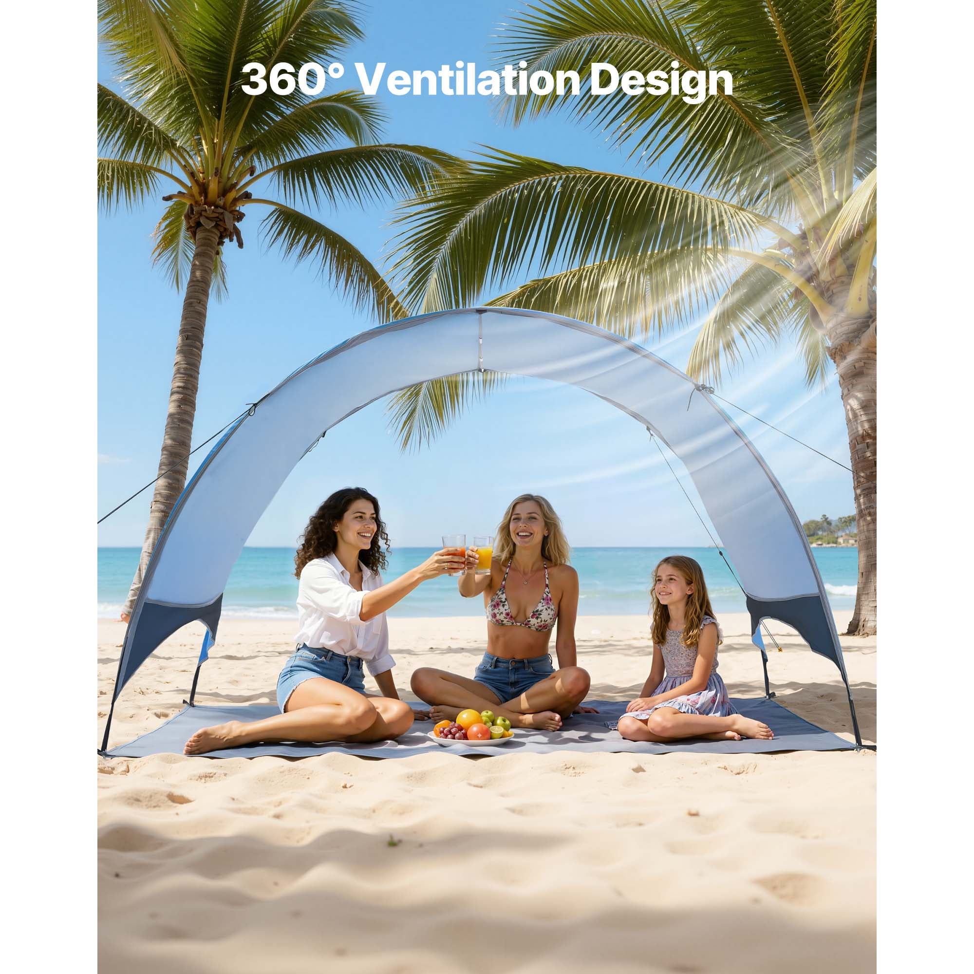 KFFKFF Beach Tent Sun Shelter for 3 People, UPF 50+ Sun Protection, Portable Canopy with Carry Bag & Ground Stakes, Lightweight and Simple Setup for Camping, Fishing, Outdoor Picnics