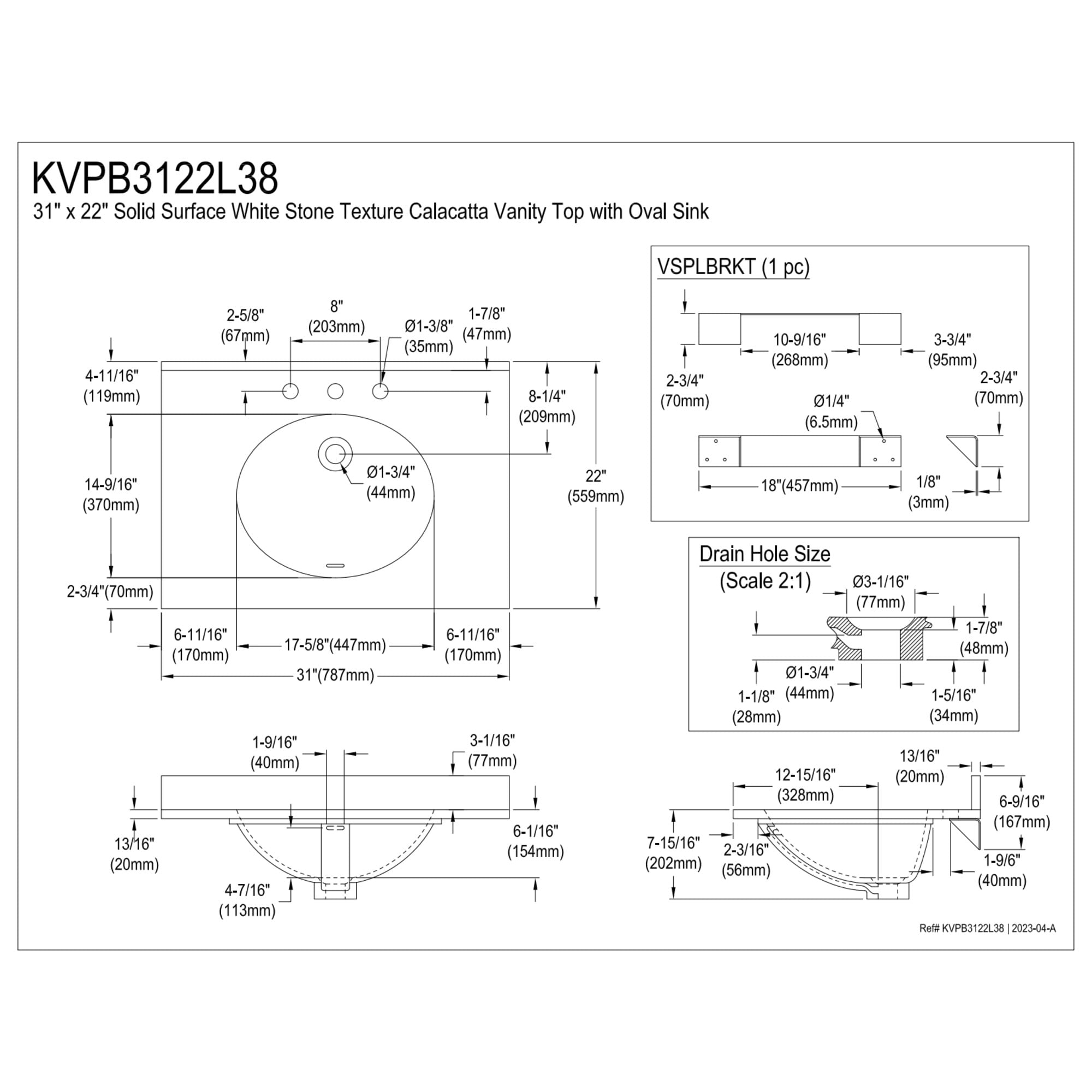 Kingston Brass KVPB3122L38 Norbiton 31" x 22" Solid Surface Vanity Top with Oval Sink (8" Faucet Drillings), Calacatta Marble Glossy White