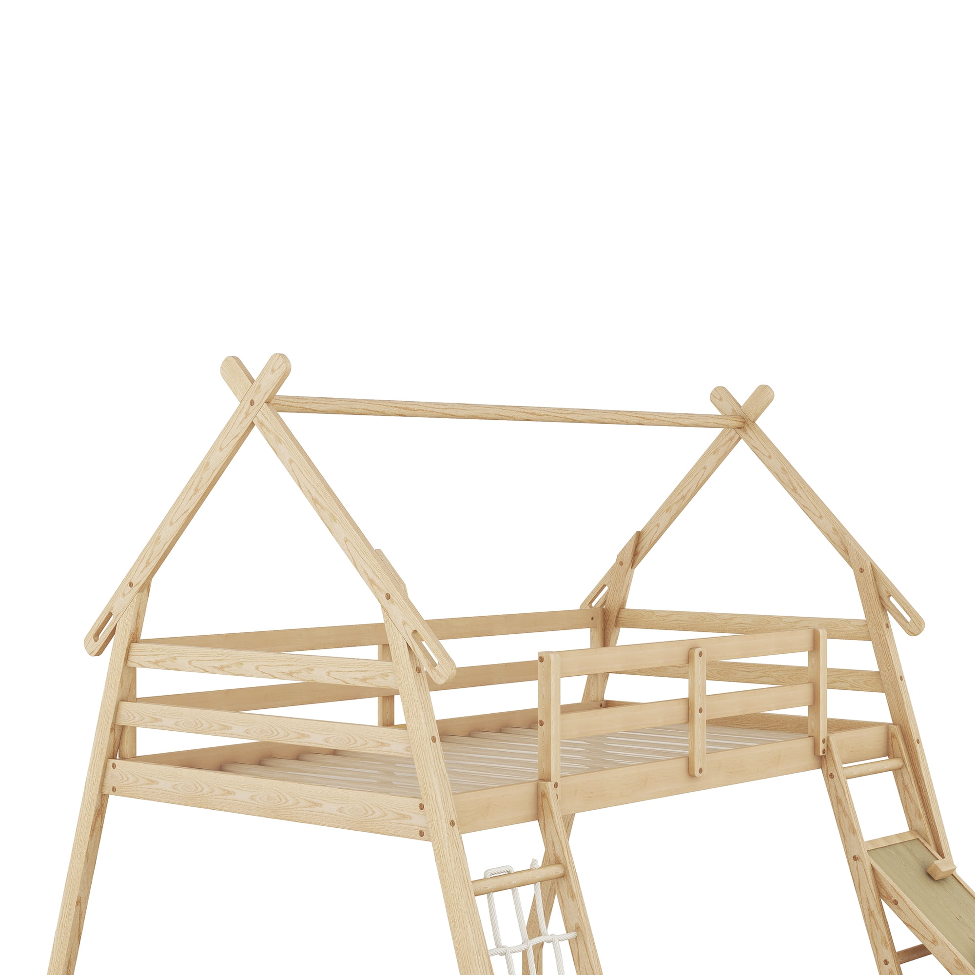 Euroco Twin over Queen Bunk Bed with Climbing Nets and Ramp for Kids Bedroom, Natural