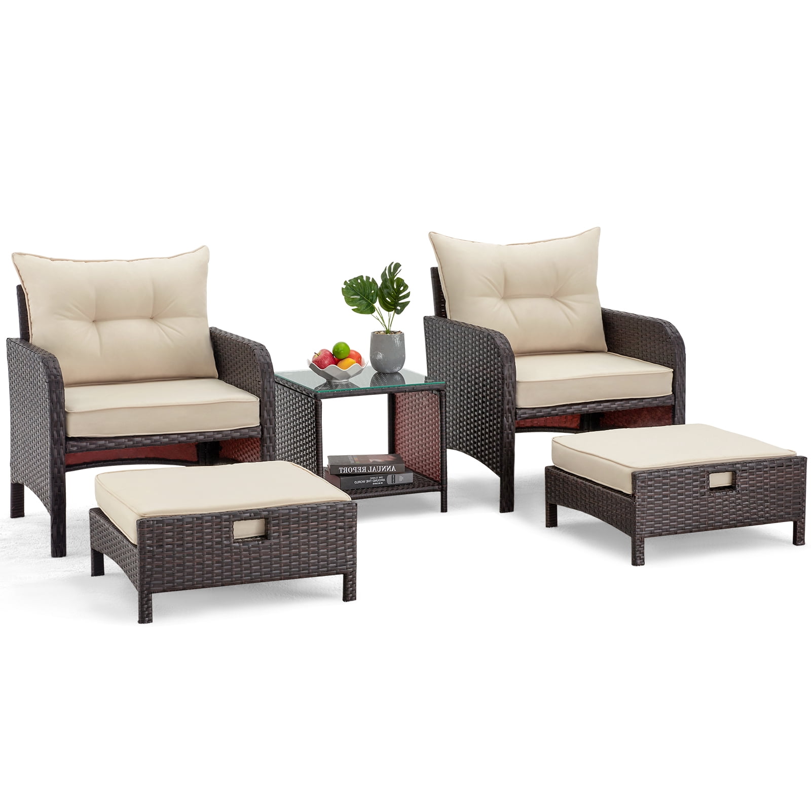AVAWING 5 Piece Patio Furniture Set, Outdoor Rattan Conversation Sofa Set, Wicker Couch Set, Khaki