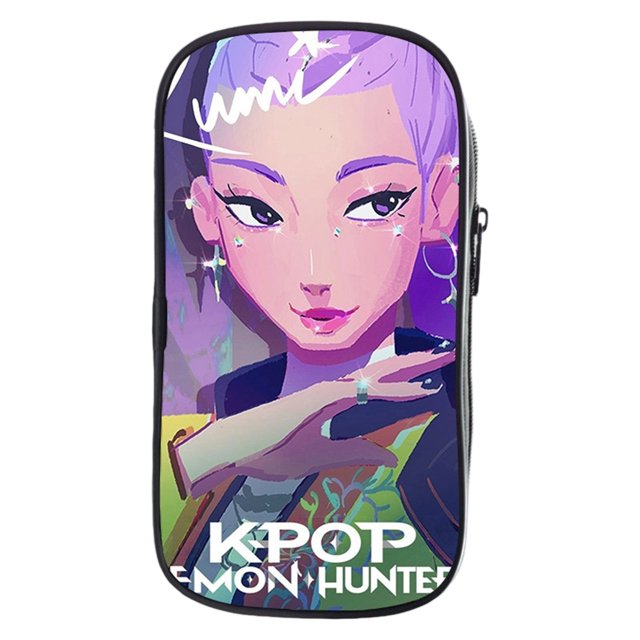 Kpo-p Demon Hun-ter Leather Flap Pencil Case,8.3" Cosmetic Bag, Zipper Organizer, Leather Flap Stationery Bag