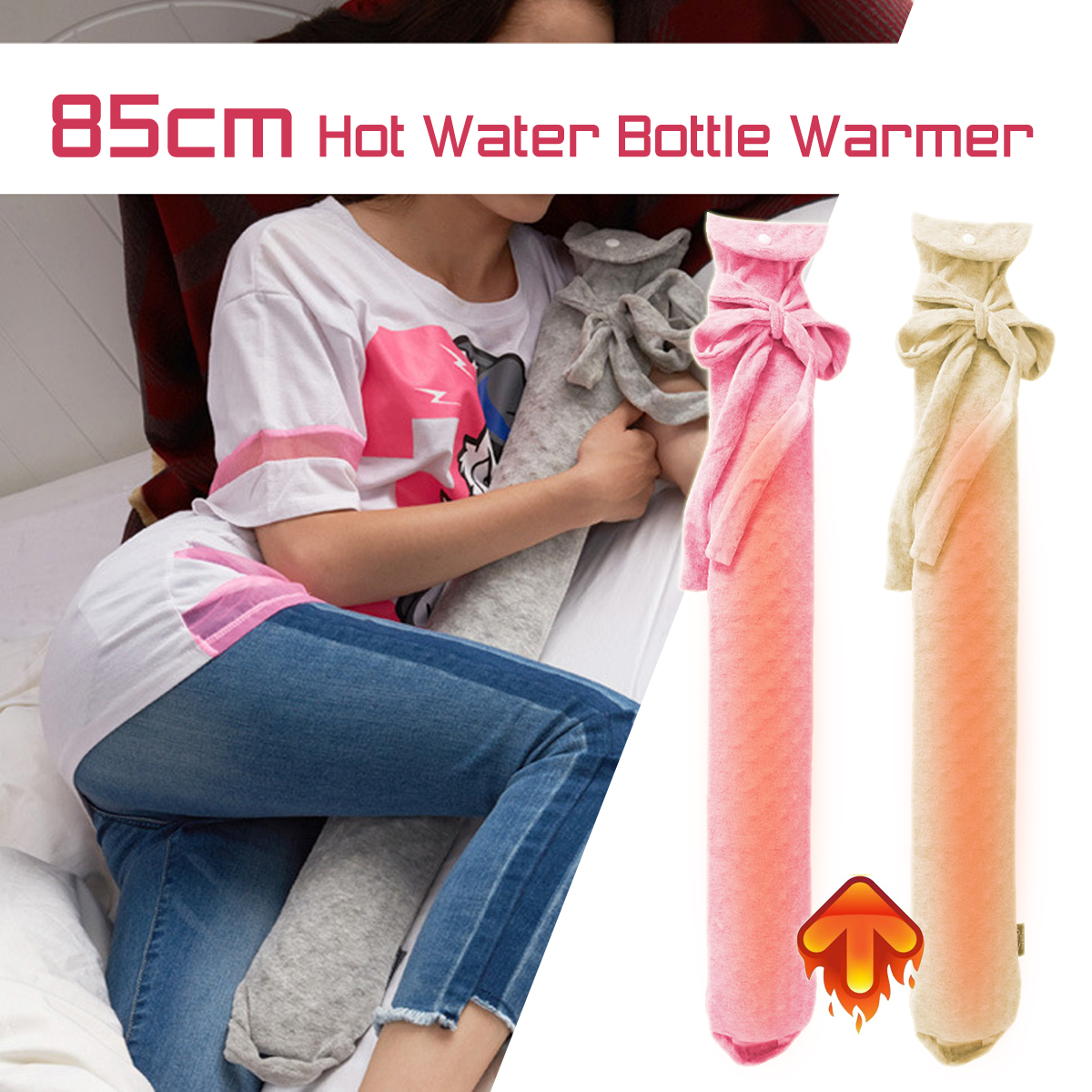 85cm Long Slim Hot Water Bag Bottle PVC Belly Shoulder Hand Whole Body + Knitted Removable Cover