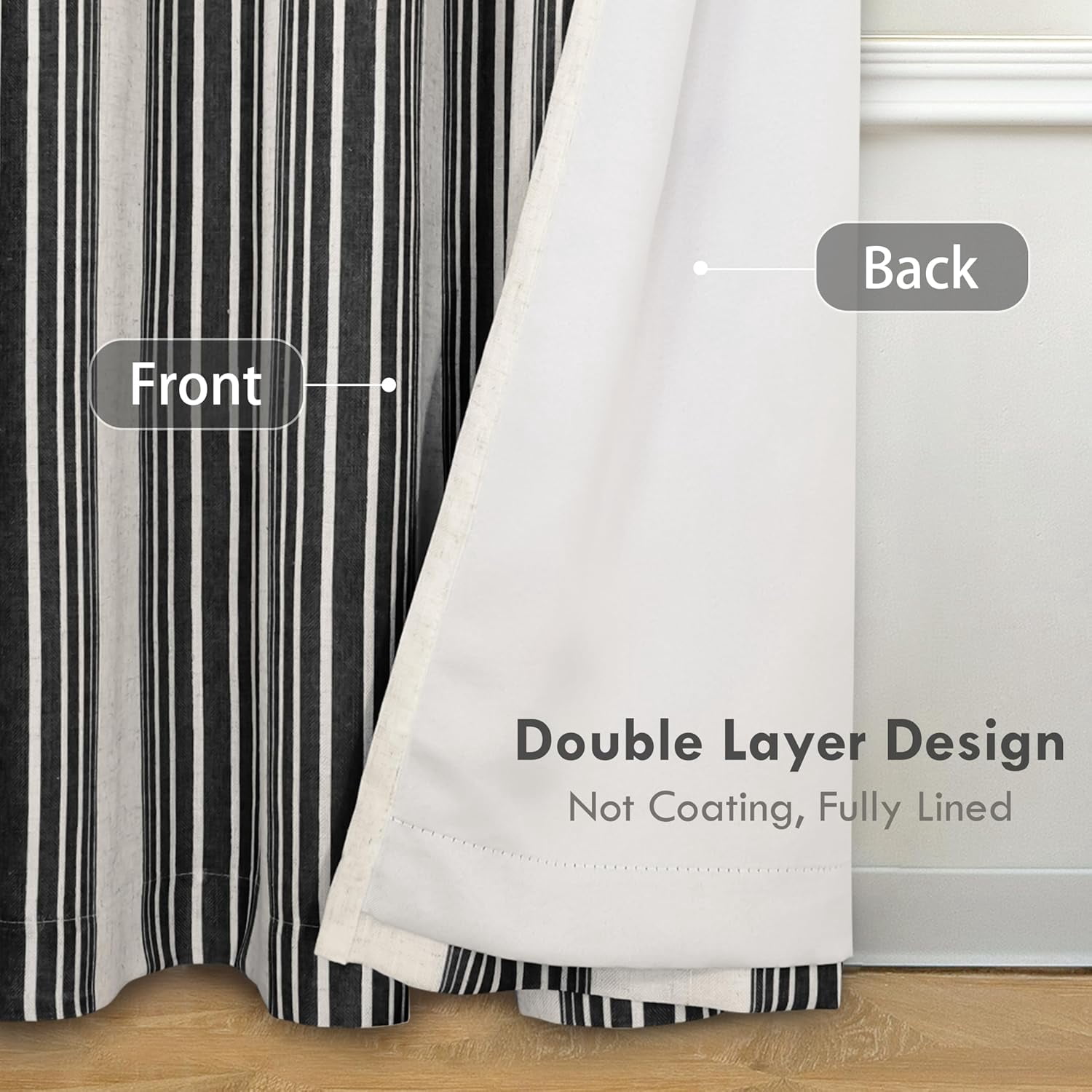DriftAway Chris Vertical Striped Pattern Linen Blend Lined Thermal Insulated Blackout and Room Darkening Linen Curtains for Farmhouse Printed 2 Panels 52 Inch by 63 Inch Linen Black