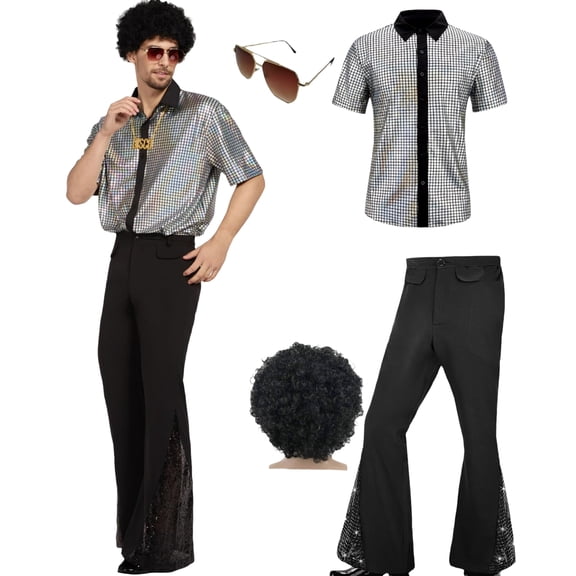 Halloween Men's Disco Costume Set, Classic Retro Shiny Outfit for 70s Disco Parties, Stage Performance, Dance Events and Halloween, Vintage Inspired Party Apparel and Dress Up Costume for Men
