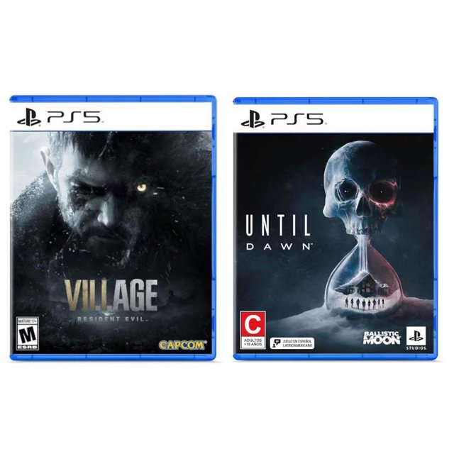 ps5 resident evil village + ps5 until dawn Bundle para PS5, dos carátulas frontales: Resident Evil Village a la izquierda con 'VILLAGE' en letras metálicas sobre fondo oscuro y bruma; Until Dawn a la derecha con un reloj de arena que forma un cráneo y siluetas en la base; estuches azules de PS5 visibles; adecuado para coleccionistas y jugadores de juegos PS5.